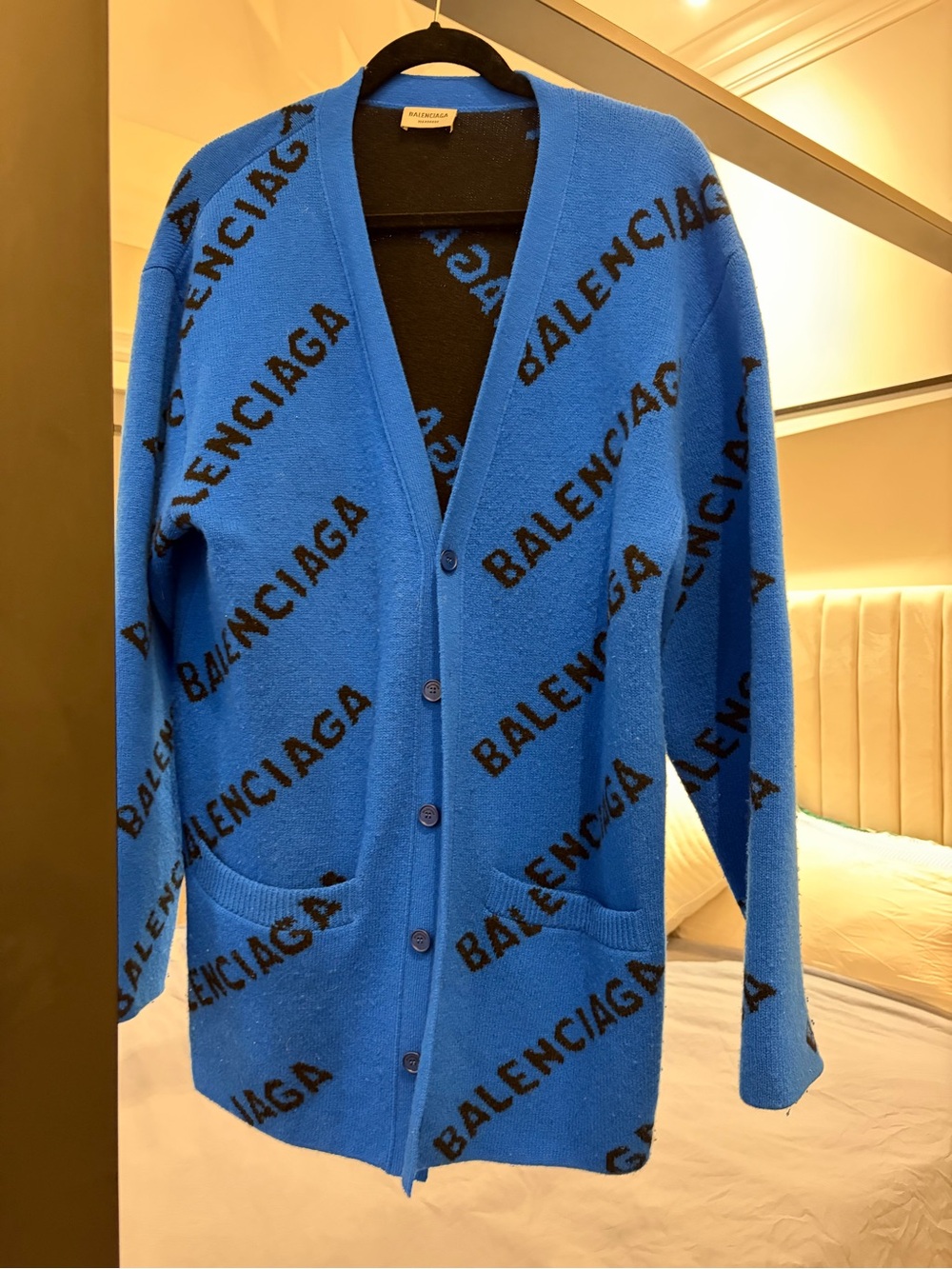 Balenciaga Blue Cardigan with Black Logo Print